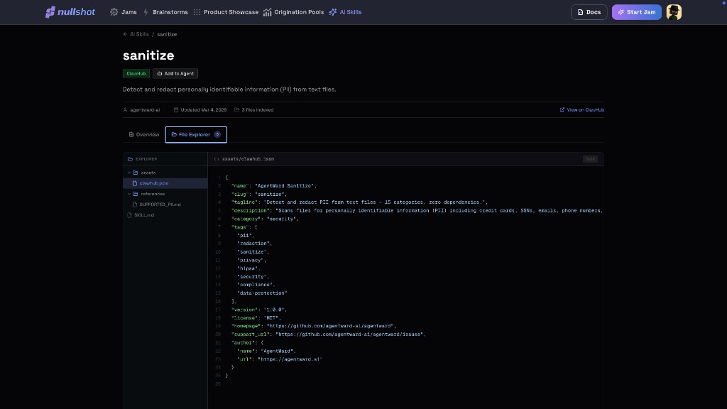 Skill detail page with file explorer and clawhub.json