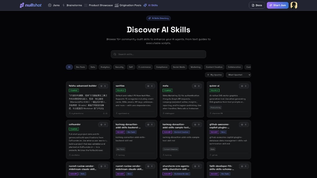 AI Skills directory with search and skill cards