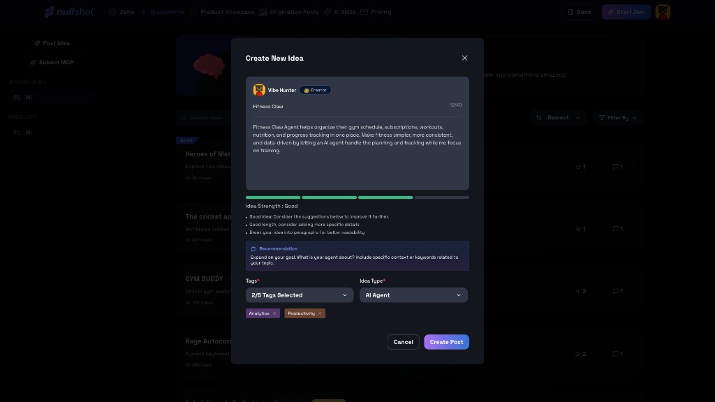 Create New Idea modal with Fitness Claw example