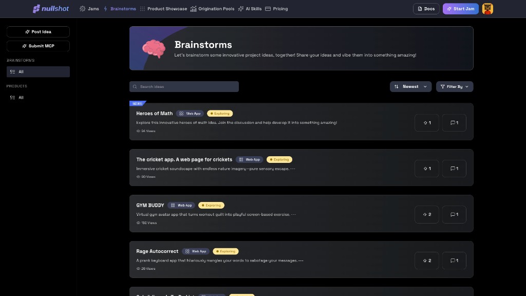 The Brainstorms feed with idea cards