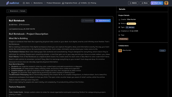 An idea detail page with AI-generated document and metadata