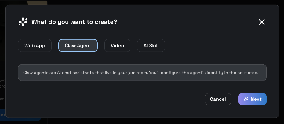 Start Jam dialog — select Claw Agent