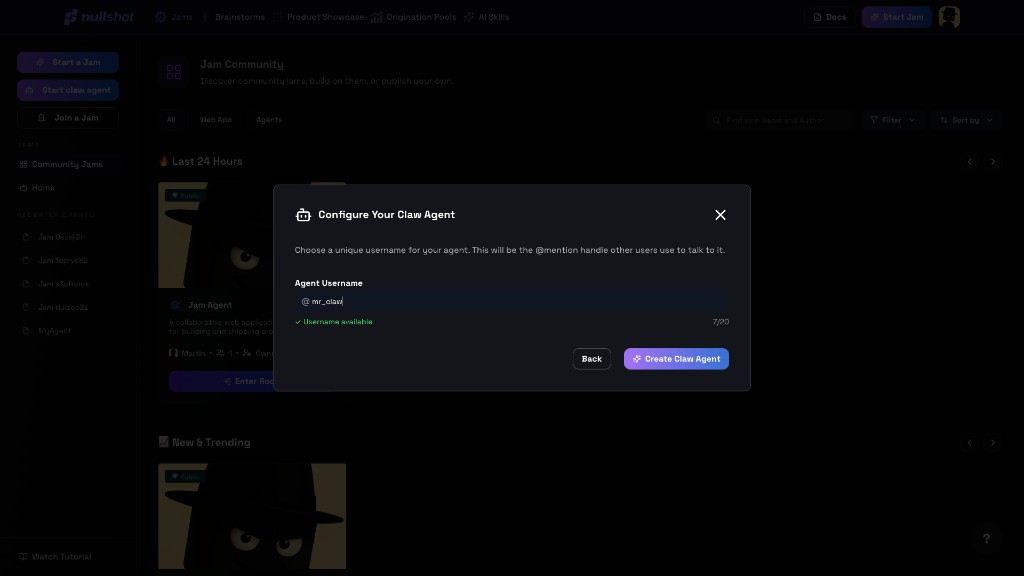 Agent username validated and ready to create