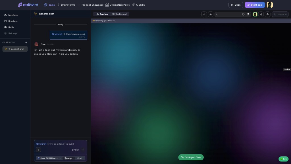 Your Claw bot runs in the Jam Room — chat with it or call using the Call button