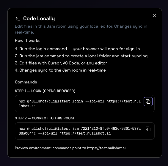 Code Locally dialog with CLI commands