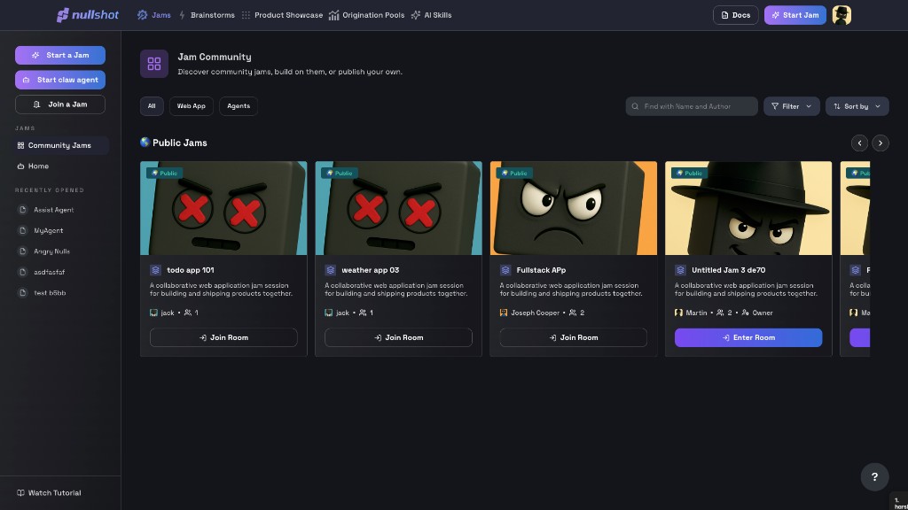 Community Jams page showing public jams