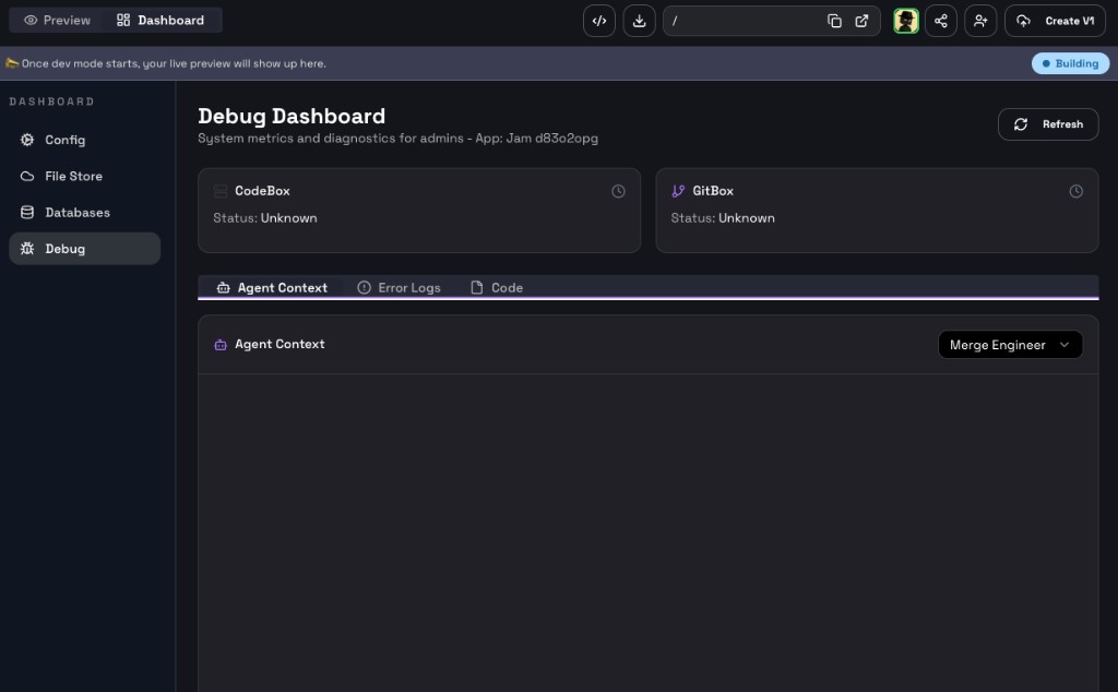 Debug Dashboard with CodeBox and GitBox status