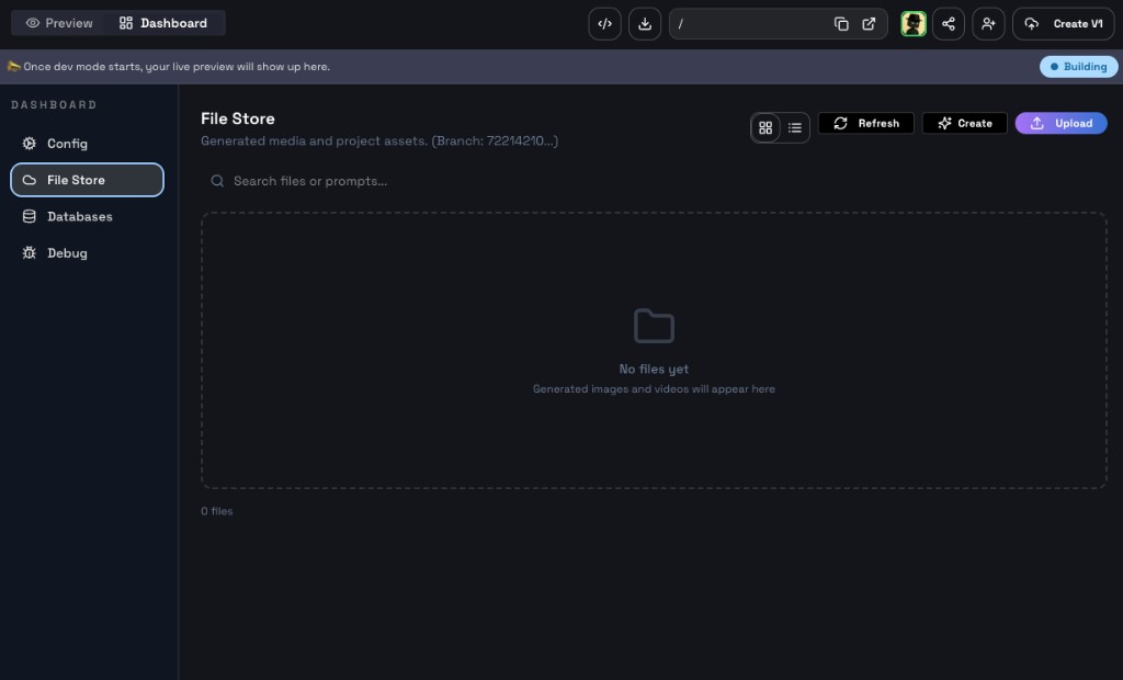 Dashboard File Store section