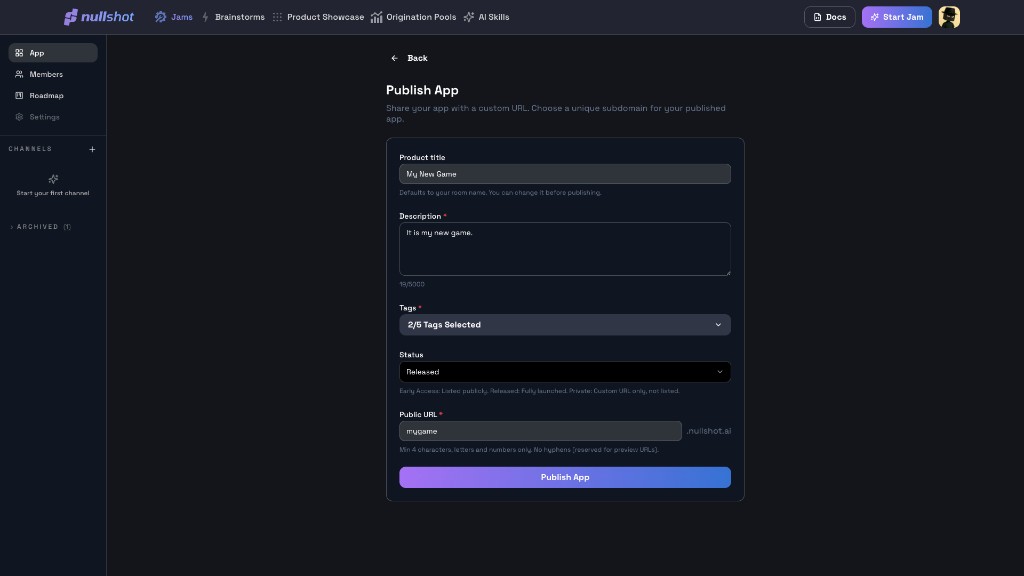 Publish App form
