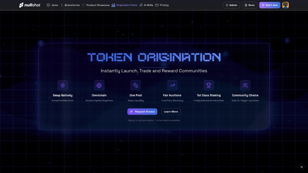 Token Origination page with features and Request Access