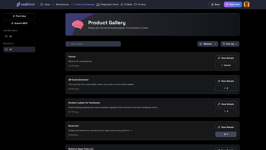 The Product Showcase gallery with project cards